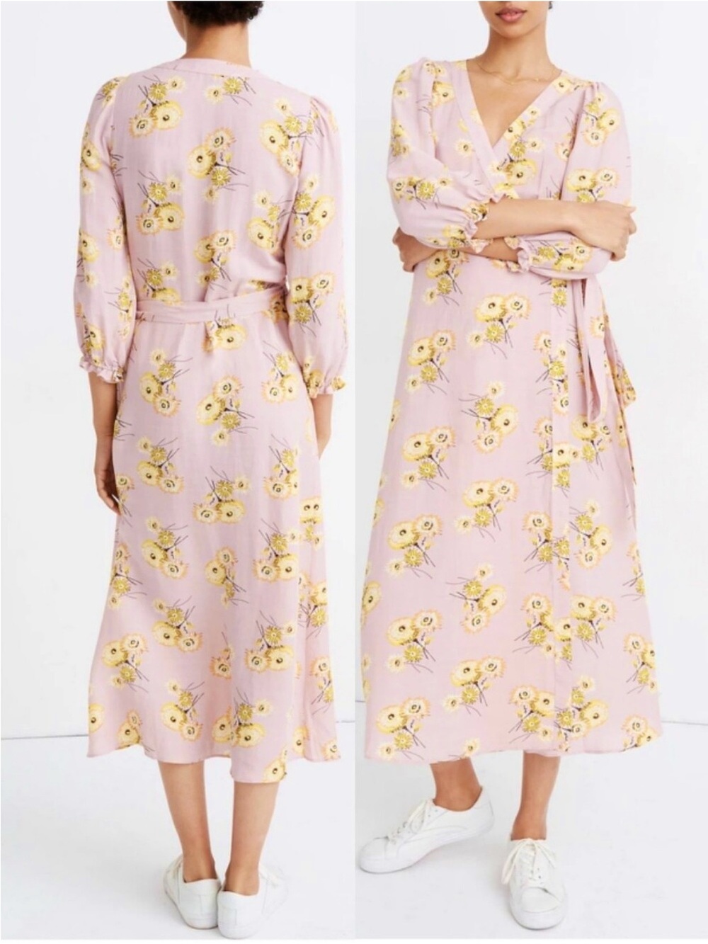 Madewell Wrap Midi Dress Size M Pink Floral Dutch Dandelions Linen Blend